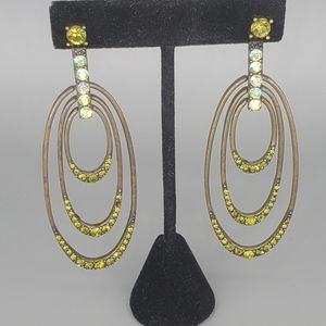 Brass Green Oval Dangle Earrings
